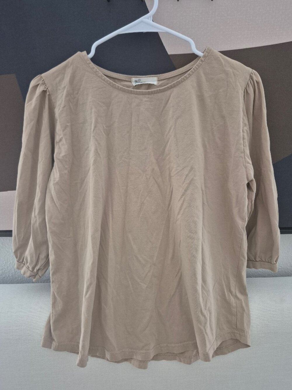 Cotton Round Neck 3/4 Sleeve Puff Sleeve T-Shirt, XS, Beige (Korean Brand)
